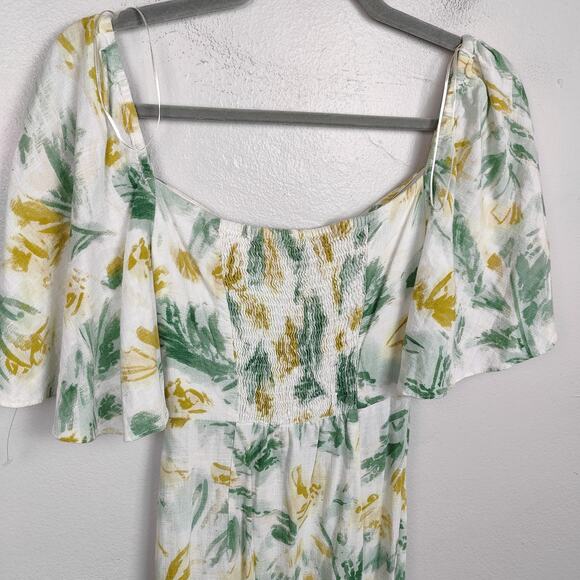 Zara Cutout Midi Dress Women XS White Floral Print Beachy Linen Slit White Lotus - Picture 7 of 9